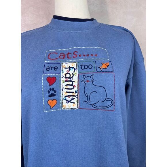 Vintage 90s Y2K Embroidered Cat Crewneck Sweatshirt Kitty Size Medium - Picture 2 of 7